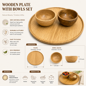 Plateau de service rond en bois artisanal avec bols |   Ensemble de service en bois pour collations et sauces |   Plateau rond multifonctionnel - Product Image 5
