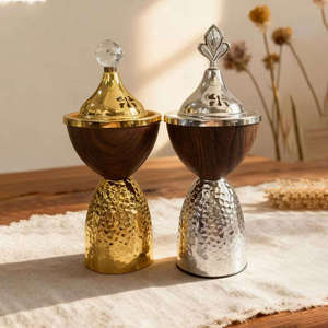 Wholesale Modern Walnut Wood Gold <b>Silver</b> Metal Bakhoor <b>Burner</b> Hammered Base Dome Top Arabian Mabkhara Goblet Shape Oud Incense - Product Image 1