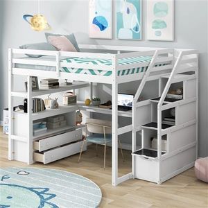 White Full Size Loft Bed with Desk and Shelves Two Built-in Drawers and Storage Staircase Kids' Furniture - Product Image 1