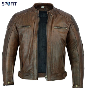 Chaqueta de cuero marrón retro para hombre, con cuello alto y cremallera, estilo motociclista, para otoño e invierno - Product Image 4