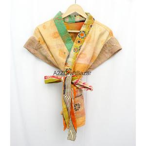 Handmade Vintage Kantha Kimono Wrap with Belt Short Sleeve Reversible Multicolor Women's Jacket 100% Organic Cotton Eco-Friendly - Product Image 1