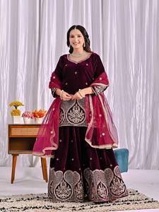Velvet Embroidered Women Salwar Kameez Set with <b>Net</b> Dupatta Sleeveless <b>Top</b> Quick Dry Traditional Indian Outfit for Wedding Party - Product Image 1