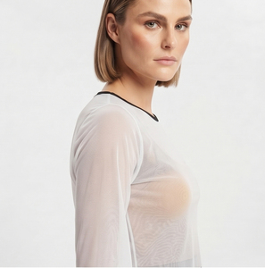 Top Corto de Malla para Mujer, Manga Larga, Cuello Redondo, Tejido Transparente, Transpirable, Color Sólido, Estilo Transparente - Product Image 5