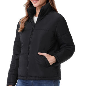 Women's <b>Black</b> Stand Collar <b>Puffer</b> Jacket Windproof Winter Casual Outerwear Solid Color Polyester Shell Zipper Closure Thick Fit - Product Image 2
