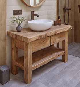 Meuble de salle de bain en bois naturel avec vasque intégrée, tiroirs de rangement et étagère inférieure pour un intérieur de maison de luxe - Product Image 1