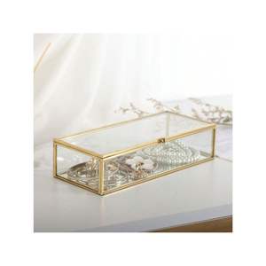 Organizador de Escritorio de Vidrio Arqueado con Borde Metálico Plateado y Logotipo Personalizado |   Contenedor de Almacenamiento de Joyas con Espejo de Primera Calidad - Product Image 2