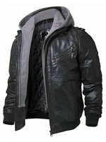 Blouson de motard en cuir noir pour homme avec capuche amovible