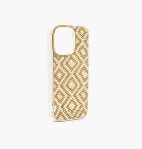 เคสโทรศัพท์ทำมือลายเทวดาประดับลูกปัด พร้อมลวดลายเรขาคณิตสีทองและสีขาว รูปทรงสี่เหลี่ยมผืนผ้า วัสดุผ้าปักลาย - Product Image 1