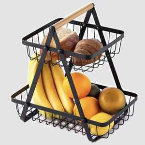 Panier à fruits et légumes à 2 niveaux en métal, grand format, pour la maison, avec poignée en bois, rangement facile, modèle 2026 - Product Image 1