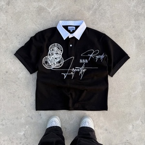 Custom Streetwear Polo T <b>shirts</b> Men Black Short Sleeve <b>Y2K</b> Graphic Printed Contrast White Lapel Collar Casual Polo <b>Shirt</b> - Product Image 1