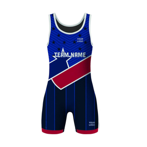 Combinaison de lutte personnalisée par sublimation pour hommes, motif étoiles bleues, rouges et blanches, en polyester et élasthanne anti-transpiration, tenue de sport pour adultes - Product Image 1