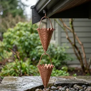 Chaîne de pluie décorative en cuivre martelé en forme de tambour pour gouttière extérieure, élément aquatique pour jardin et extérieur de maison, chaîne de pluie métallique suspendue - Product Image 3