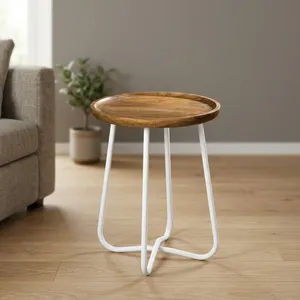 Mesa Auxiliar Redonda Moderna con Tapa de Madera y Patas de Metal Blancas, Diseño Minimalista para Sala de Estar - Product Image 1