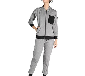 Women Gray Full <b>Zip</b> <b>Hooded</b> Tracksuit Set Long Sleeve Solid Color Casual Sporty Style With Side Pockets Polyester Material - Product Image 4