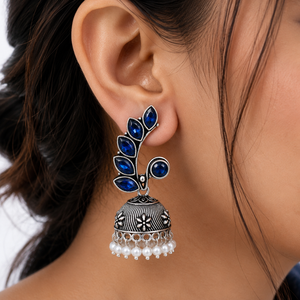 Oxidized <b>Silver</b> Blue Stone Jhumka <b>Earrings</b> Handmade Pearl <b>Dangle</b> Jewelry for Women - Product Image 1