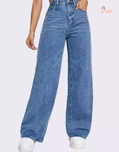 Pantalones Vaqueros Rectos de Estilo Japonés para Mujer, Otoño, Color Azul Lavado, Cintura Media, Botones Elásticos, Venta al Por Mayor - Product Image 1