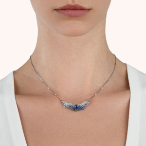 Luxury Wings Pendant Necklace With Sapphire And Round Brilliant Cut Diamonds 18K Solid Gold Rhodium Plated <b>Box</b> Chain - Product Image 3