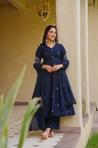 Conjunto de traje Anarkali azul marino con dupatta bordada y pantalones palazzo, ropa étnica india y pakistaní - Product Image 2