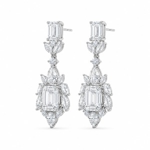 White Gold <b>Emerald</b> Cut Diamond Chandelier <b>Earrings</b> Luxury Flower Design Women's Wedding Jewelry Claw Setting - Product Image 3