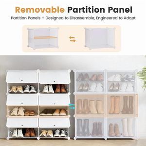 Modern 3-Tier <b>Shoe</b> <b>Rack</b> Side Hooks 24-Pair Capacity Sturdy Metal Frame <b>White</b>/Black Plastic Panels Space-Saving Storage Organizer - Product Image 2