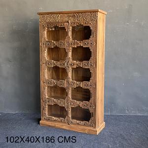 Meilleure collection d'armoires de présentation en bois massif sculpté à la main, style vintage rustique, avec porte en verre, pour le rangement d'objets d'art himalayen antiques - Product Image 1