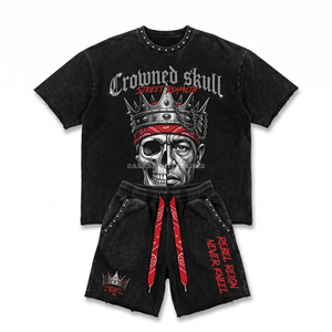 Ensemble streetwear homme délavé à l'acide personnalisé, T-shirt oversize et short à motif crâne couronné, style punk gothique, vente en gros pour revendeurs - Product Image 1