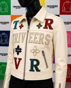 Women’s Premium <b>White</b> Leather <b>Jacket</b> Custom Embroidered Patch Cropped Fashion <b>Biker</b> <b>Jacket</b> OEM ODM Manufacturer - Product Image 3