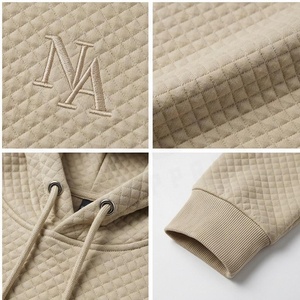 Oversized <b>Quilted</b> <b>Hoodie</b> Men Beige Embroidered Logo Front Pocket Casual Autumn Wear - Product Image 4