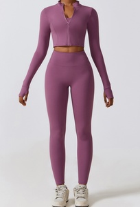 Black 2 Piece Yoga Set <b>Crop</b> Top High Waist <b>Leggings</b> Full Sleeve Zipper Front Seamless Spandex Polyester Sweat Wicking - Product Image 5