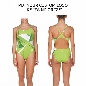 Maillot de bain femme premium 220 GSM en polyester et élasthanne extensible, imprimé abstrait vert et blanc, une pièce, logo personnalisé, impression thermique - Product Image 1