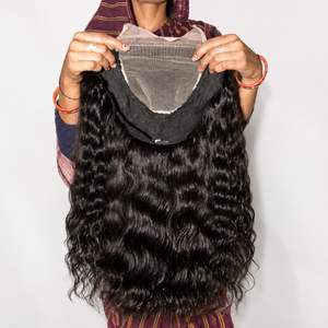 Perruque frontale sans colle en dentelle HD, cheveux humains indiens Remy non traités, cuticules alignées, noir naturel, densité lisse ou bouclée, fabriquée à la machine - Product Image 4