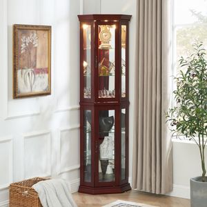 Vetrinetta Angolare con Ripiani in Vetro Temperato Regolabili, Retro a Specchio e Luci, Finitura Ciliegio (Lampadina E26 Non Inclusa) - Product Image 3