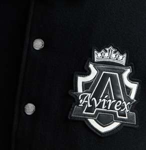 Avirex Men Black Varsity <b>Jacket</b> Woolen Body <b>Leather</b> Sleeves Embroidered Logo Front Single Breasted Regular Fit Turn-down Collar - Product Image 4