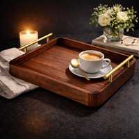 Plateau de service en bois avec poignées métalliques pour un transport facile du thé, du café et des collations - pour le Ramadan et les célébrations de mariage