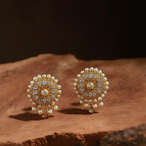 Lekshmi 18K Gold Plated Round Stud Earrings with Pearl and Diamond Accents - Product Image 3