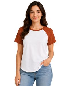 Camiseta raglán personalizada blanca y naranja quemado para mujer, cuello redondo informal, manga corta, mezcla de algodón suave, top de moda de verano - Product Image 1