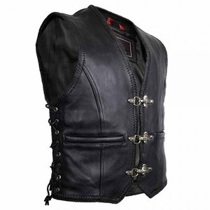 Wholesale Custom Real Leather Club <b>Vest</b> - High-Quality Men's Sleeveless <b>Jacket</b> with Braided Edge Detail - Product Image 2