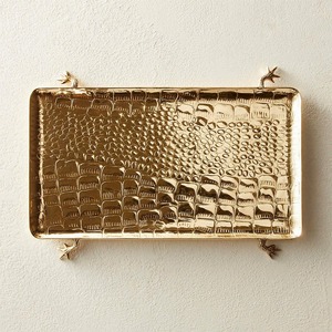 Plateau décoratif en aluminium brut avec motif de feuilles, finition antique patinée, forme irrégulière, emballage en une seule pièce - Product Image 5