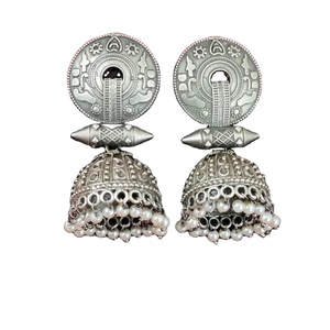 Heavy Classic Style Brass Oxidized Indian Bell Jhumka <b>Charm</b> Pear Cut Zircon Antique <b>Silver</b>/Gold Plated Earrings Gift - Product Image 1