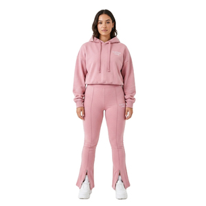 Conjunto de 2 piezas para mujer con logo personalizado: Sudadera con capucha corta y pantalones acampanados de chándal con dobladillo dividido, de forro polar, para gimnasio y descanso. - Product Image 2
