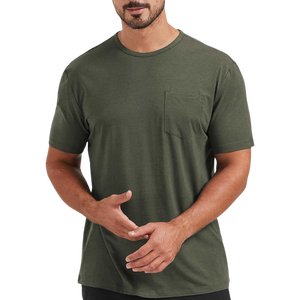 Camiseta de Algodón Verde Oliva para Hombre, Manga Corta, Cuello Redondo, Corte Regular, Estilo Casual, Tejido Jersey, Color Sólido, Bolsillo Frontal - Product Image 3