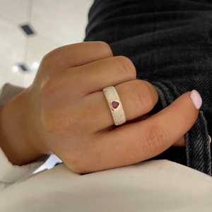 Bagues de cigare en diamant en or massif 10K 14K 18K, serties pavé avec rubis cœur taille ronde cultivés en laboratoire, dôme large, bague de déclaration de mariage - Product Image 4