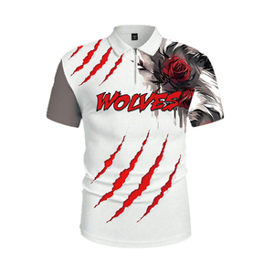 Polo Personalizado con Gráfico de Lobo en 3D para Hombre, Impresión por Sublimación Completa, Cierre de Cremallera 1/4, Blanco con Marca de Garra Roja, Ropa Urbana Hipster de Verano - Product Image 2