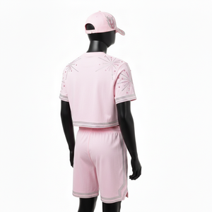 Conjunto de Top Corto para Mujer, Tela de Algodón y Poliéster de Alta Calidad, 220 GSM, Rosa Claro, Logotipo de Cristal, Ropa Deportiva, Conjuntos Femeninos - Product Image 5