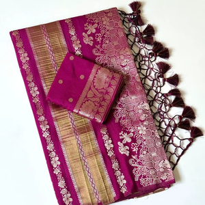Sari de Seda Pura Chinya con Tejido Jacquard Doble Jari – Diseño Floral con Pallu Rico y Borlas - Product Image 1