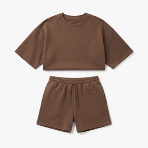 Ensemble deux pièces décontracté à rayures personnalisé pour femmes et filles, vêtements d'été, shorts et t-shirt en coton épais, ensembles pour femmes grandes tailles - Product Image 4