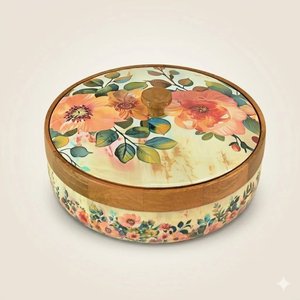 Handcrafted Wooden Printed Casserole Floral Enamel Wooden Hotpot Round Roti Box Casserole <b>Dish</b> Kitchen Tableware Decor - Product Image 6