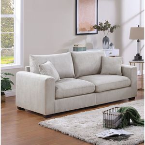 Set Divano Classico a 2 Pezzi in Velluto a Coste Avorio per Soggiorno, con Braccioli Quadrati e Divanetto Imbottito con Cuscini - Product Image 3