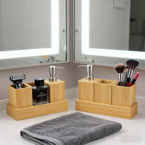 Ensemble d'accessoires de salle de bain en bambou de luxe, organiseur de vanité moderne avec distributeur de savon, porte-brosse à dents et rangement pour la maison - Product Image 1