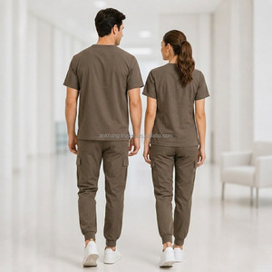 Ensemble de blouses médicales unisexe en coton et polyester tissé marron avec poches et fermeture éclair sur le devant - Product Image 2